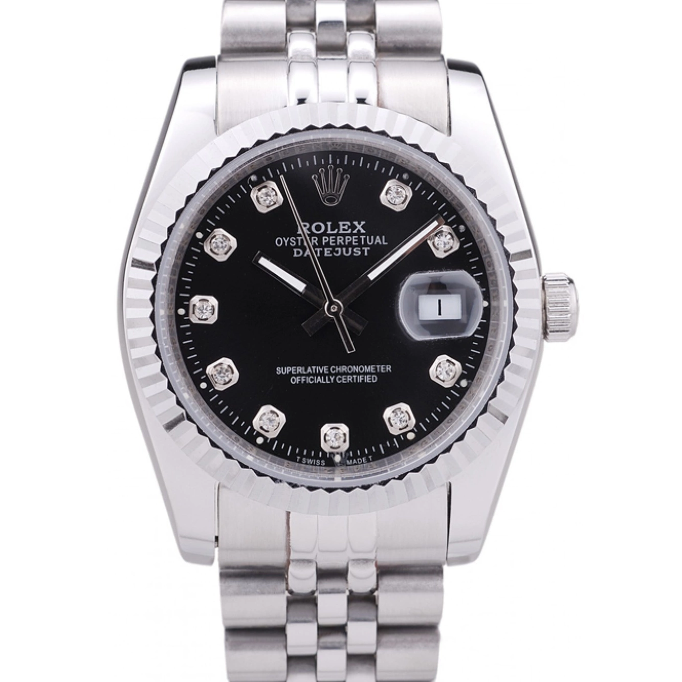 Aaa replica watch Bezel Rolex Dial Datejust Diamonds Black Ribbed 7458 0816